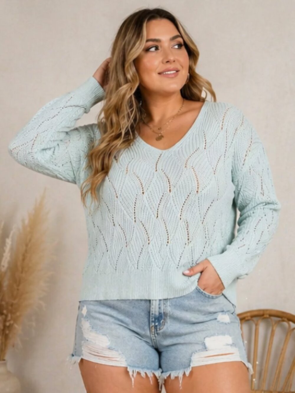 Free People Ice Blue Pointelle Knit Sweater V-Neck Lightweight Boho Pullover L